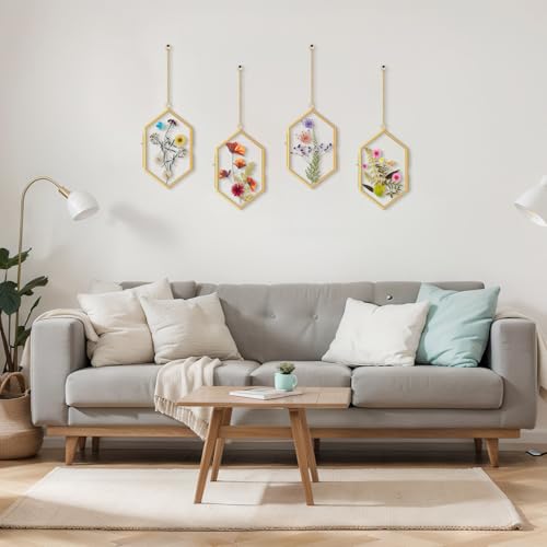 Qunclay 4 Pcs Floating Flower Frame Hanging Pressed Flower Frame DIY Hexagon Glass with Chain Double Floating Picture Geometric Wall Decor for Picture in Home Gallery Gradution