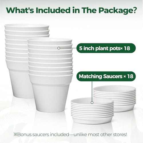 T4U Small Plant Pots 5 Inch 18 Pack, Plastic Flower Pots with Saucer White | Nursery containers for succulents cactus herbs, Desk windowsill shelf, Violet african violet, Compact lightweight - color: White, size: 5 In