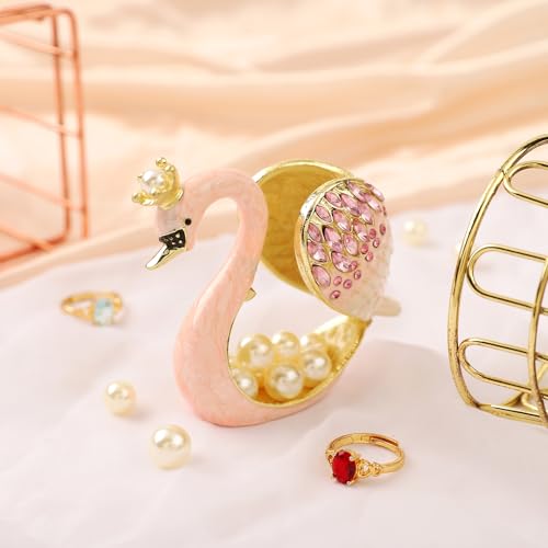 QIFU Hand Painted Pink Swan Style Enamel Trinket Box Hinged, Eleagnt Small Jewelry Box to Store Jewelry in Style - style: Swan