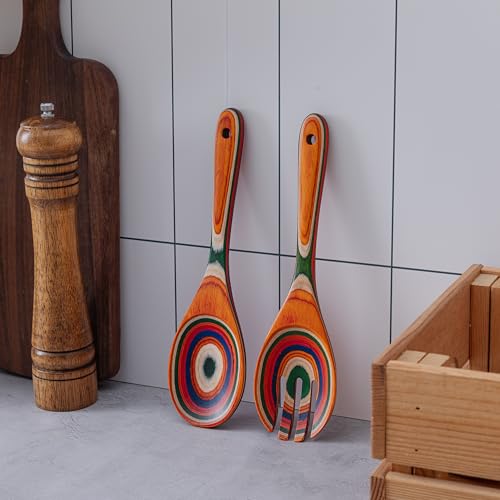 Pakkawood Salad Tongs,10.5 inch wooden Spoons, Serving utenstil colorful wood Salad Servers set, Kitchen cooking utensil set. - color: Pakkawood