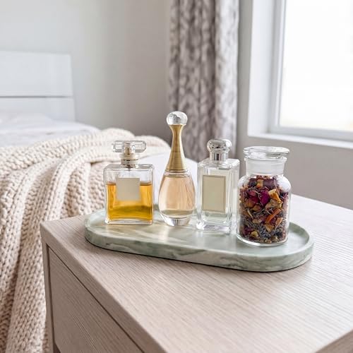 YKAJO Botanical Green Oval Marble Tray, 11.8x5.9 Vanity Perfume Organizer | Honed natural stone; jewelry & trinket dish, ring & key holder, soap & candle catchall; bath counter, dresser, coffee table - color: Botanical Green, size: 11.8" x 5.9" x 0.6"