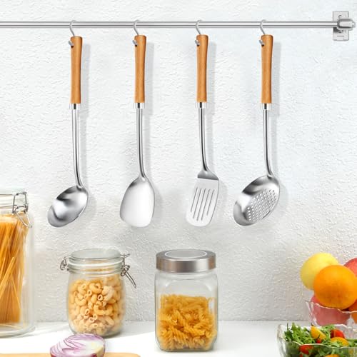 Pleafind 4-Pcs Cooking Utensils Set, Stainless Steel Kitchen Utensils with Wooden Handle, Kitchen Essentials Set Include Wok Ladle, Slotted Spoon, Wok Spatula and Slotted Spatula, Dishwasher Safe - color: 4P-Yellow