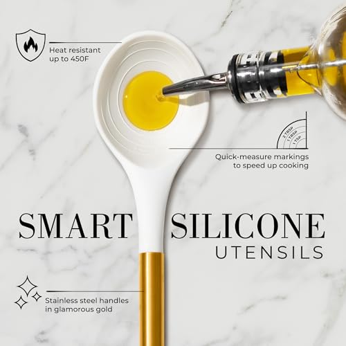 Styled Settings White and Gold Kitchen Utensils with Holder, 8-Piece | Heat Resistant, Nonstick, White Silicone Cooking Utensils Set, Ceramic Utensil Holder & Stackable Gold Spoon Rest - color: 8PC White & Gold