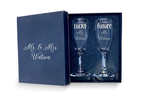 Engraved Set of 2 Glasses with Box, Future Mrs and Lucky Mr. engraved Customized Wedding Toast, Champagne Flute Set, Wedding Toasting Glasses - color: Wedding-14, style: Glasses + Gift Box