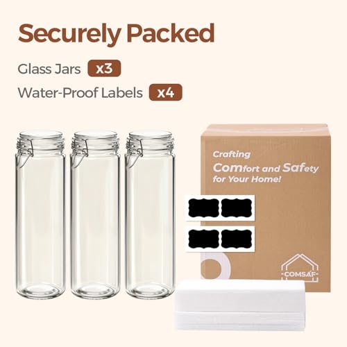 ComSaf Tall Glass Pasta Containers with Airtight Lids 68 oz 3 Pack Canister | Spaghetti linguine, Long pasta storage, Breadsticks, Vertical pantry organization, Cabinet organization, Dry food storage - size: 68oz 13" Tall*3