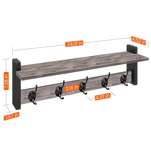 Wall Hooks With Shelf, 24 Inch Coat Rack Wall Mount for Entryway, Clothes, Backpack, Key, Purse - Floating Shelf Hanging in Bathroom, Bedroom, Hallway, Rustic Grey - color: Rustic Grey, size: 24 Inch Long