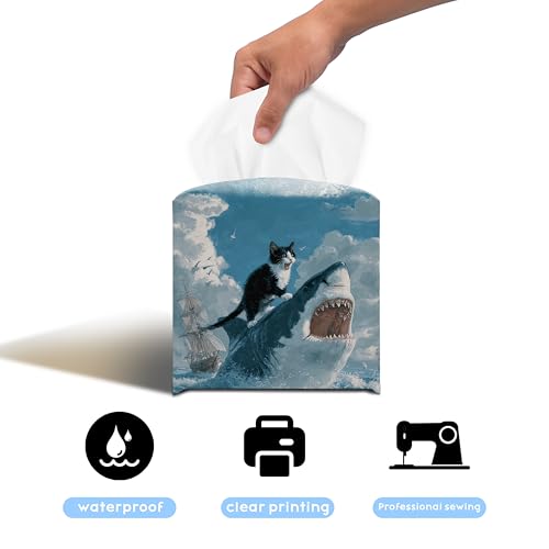 Funny Cat Shark Tissue Box Cover, 5.2 Inch PU Leather Square Holder | PU leather tissue box cover with funny cat shark design, hand-stitched detail, and removable liner for home or office. - color: Cat Shark