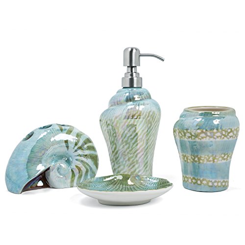 Ocean Conch Sea Shell Ceramic Bathroom Accessories Set of 4,1 Gargle Cups 1 Toothbrush Holders 1 Soap Dishes 1 Soap Dispenser (Green) - color: Green