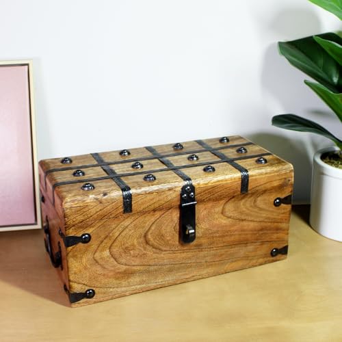 Treasure Chest Wooden Box with Antique Iron Lock and Skeleton Key (Medium 12.5x6x5.5) - Storage and Decor – Pirate Chest, Decorative Storage Chest with Hinged Lid, Wood Treasure Box - size: Medium 12.5 x 6 x 4.5"