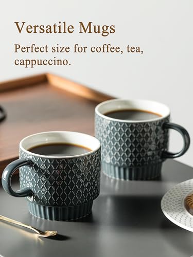 Gomakren Coffee Mugs Set of 4, 13oz Stackable Coffee Cup with Stand, Grey | Stackable Space-Saving, with 4 Spoons | Textured Grey Grid Stoneware Dishwasher Safe, for Coffee Milk Tea Cocoa & Gifting Use - color: Gray