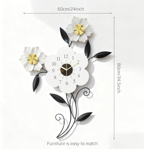 Large Flower Wall Clock, Modern Metal Wall Decor with Silent Quartz Movement, Artistic Floral Wall Art for Living Room Bedroom Office, Elegant Black White Gold Petal Design, 24" x 34.5"