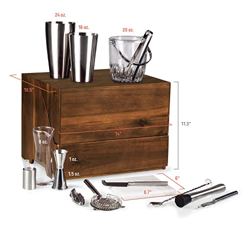 PICNIC TIME NFL Madison Acacia Tabletop Bar Tool Set, Bartender Kit with Stand, Bar Accessories Set