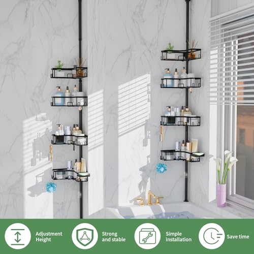 LEEDA Corner Shower Caddy Tension Pole, 4-Tier Adjustable Floor to Ceiling Bathroom Organizer, No-Drill Stand Storage Rack with Soap/Toothbrush Holder for Renters - 34-125 In Black