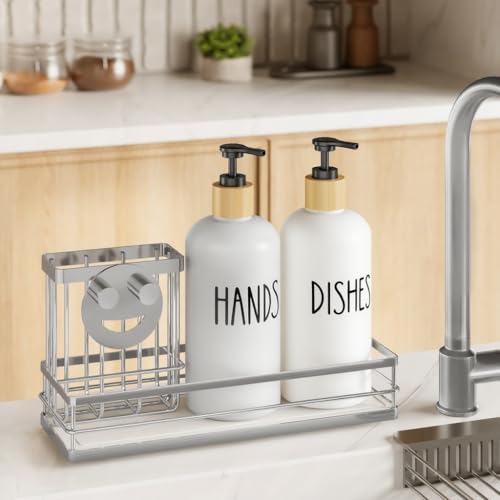 Moforoco Kitchen Dish Soap Dispenser Set, 16OZ Glass Bottle, Hand and Dish Soap Dispenser Set, Instant Dry Tray, Brush Holder with Smiley Face Sponge Holder (Silver Tray+White Bottle) - color: Silver Tray+white Bottle