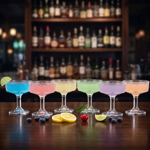 Pumtus Set of 6 Vintage Coupe Glasses, 7 OZ Embossed Martini Glass, Floral Fluted Cocktail Glasses, Unique Clear Margarita Cup, Romantic Drinking Glassware for Cocktail Wine Champagne