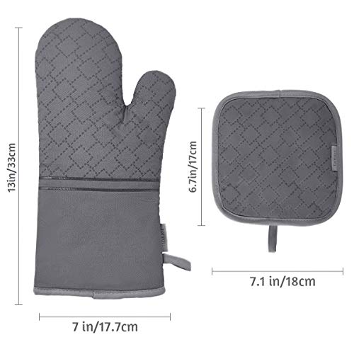 4Pcs Oven Mitts and Pot Holders Set, 572F Heat Resistant Oven Glove, Soft Cotton Lining with Non-Slip Surface for Kitchen Baking BBQ (Grey) - color: Gray