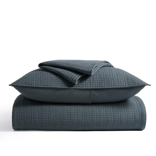 100% Cotton Modern Grid Stitch Quilt Set King Size, Midnight Blue | Pre-Washed Cotton Coverlet Bedspread, Oversized Lightweight 3-Piece Bedding Set for All Season, with 2 Pillow Shams - color: Midnight Blue, size: King (110" X 94")