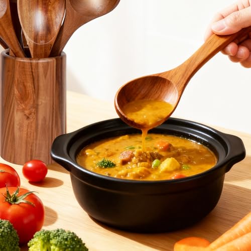 MYRAINBOW Wooden Spoons for Cooking, 10-Piece Teak Wooden Cooking Utensil Set with Holder, Nonstick, Heat Resistant Kitchen Utensils, Durable Wooden Cooking Spoons, Kitchen Cooking Gifts for Women Men - color: 10 Piece Natural Wood Color