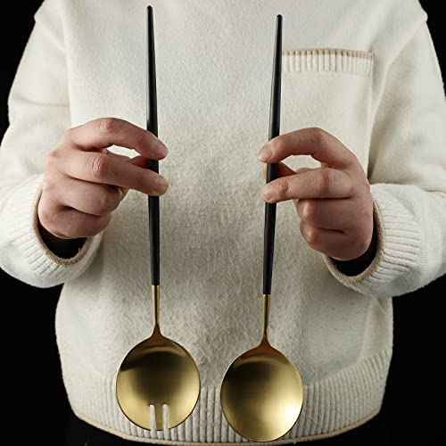 Salad Servers,Spoon and Fork Set 11.41 inch,18/10 Stainless Steel Salad Serving Titanium Plating (black gold) - color: Black/Gold