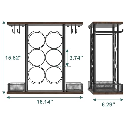 VyGrow Countertop Wine Rack, 3 Tier Wood & Metal Small Wine Rack Up to Hold 6 Bottles and 4 Glasses, Wine Bottle Holder for Home Bar Tabletop Kitchen Cabinet, 6.29" D x 16.14" W x 15.82" H