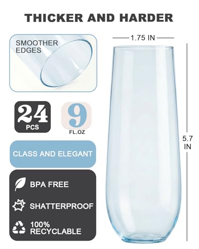 24 Pack Plastic Champagne Flutes, 9 Oz Disposable Wine Mimosa Glasses | Stemless Champagne Flutes Cocktail Glasses, Plastic Party Cups for Bridal Shower Bachelorette Party (Blue) - color: Blue-24 Pack
