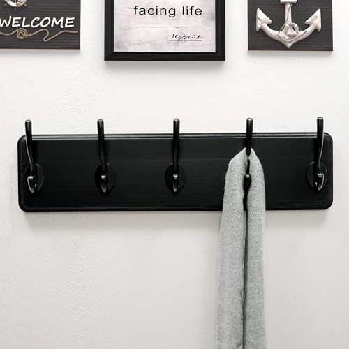 Wall Mounted Coat Rack: Patented, Heavy-Duty, 17.4" Long 5-Double-Hooks Wooden Hanger Rail for Winter Coats, Hats, Jackets, Clothing - Black, Pack of 2 - color: Black, size: L=17.4" (2pcs)