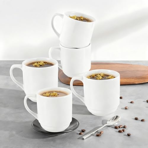 Coffee Mugs Set, 4 Pack, White, 8.5 Oz, Stackable | Ceramic Porcelain Coffee Cups, Dishwasher Microwave Safe, for Latte, Tea, Cappuccino, Cocoa, Espresso, Milk