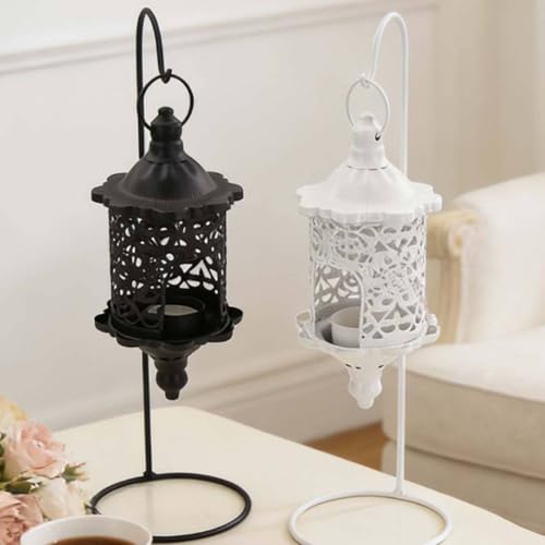 Gralara Hanging Candle Lantern with Stand Wrought Iron Baroque Style Lantern Romantic Atmosphere Hollow Metal Candle Holder for Living Room, Tabletop, Wedding, Gold