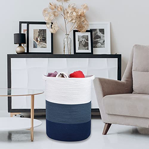 Cotton Rope Blanket Basket, 72L Tall Laundry Hamper, White & Blue | 16"x 22", Large Collapsible Woven Nursery Hamper with Sturdy Handles for Clothes Toys Towels, Bedroom Living Room Bathroom - color: White & Cadet Blue & Navy Blue, size: 72L (16"x22")