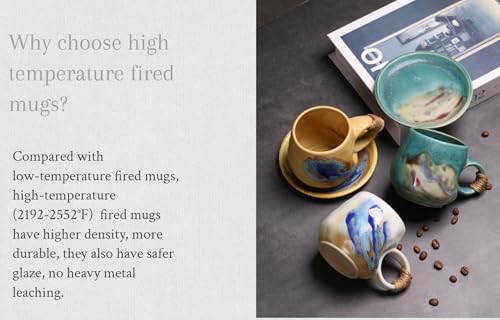 8oz Handmade Ceramic Tea Cup and Saucer set of 2, Small Artisanal Mug with saucer set , Lead-Free Latte Art Mug, Handcrafted Pottery tea mug with handle, Matching and Couple cups (White+Green set ) - color: White+Green( 2 pcs set )