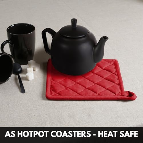Oven Mitt + Pot Holder 100% Cotton Heat Resistant Kitchen Oven Gloves (7"x13") & Hot Pads (8"x8") for Gifts, Chef, Women & Men - Red - color: Red
