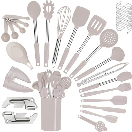 Silicone Kitchen Cooking Utensils Set with Stainless Steel Handle, Spatula Set Utensil Set, Cooking Utensil Set,Kitchen Tools Gadgets for Nonstick Cookware (35, Khaki) - color: Khaki