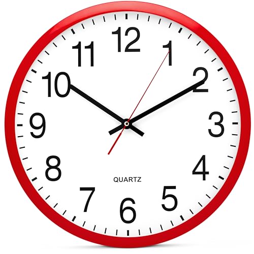 Bernhard Products Red Wall Clock, Silent Non Ticking - 16 Inch Extra Large Quality Quartz Battery Operated Round Easy to Read Home/Office/Business/Kitchen/Classroom/School Clocks - color: Red, size: 16 Inch