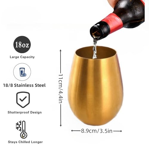 18 Ounces Gold Wine Glasses Set of 2, 18/8 Stainless Steel Stemless Drinking Cups for Cocktails, Durable 304 Stainless Steel Tumbler Wine Glasses Gift Essentials and Dishwasher safe