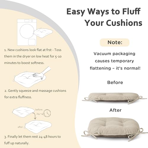 ELFJOY Dining Chair Cushions Set of 2 Non Slip 18"X18"X3" Beige | Thick,Textured Fabric, with Ties, Tufted, Large, for Kitchen, Dining Room, Indoor, Bedroom, Living Room, Office, Comfortable - color: Beige