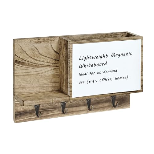 Rustic Mail and Key Holder wall Mount, Brown Solid Wood with Magnetic Whiteboard, 4 Hooks, Entryway Organizer