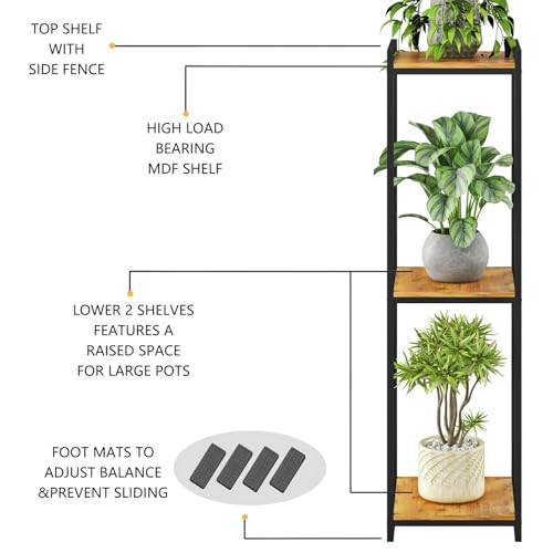 3-Tier Rustic Brown Plant Stand Indoor 45" Tall Metal Wood | Modern Plant Shelf, Corner Flower Pot Holder Organizer for Living Room Balcony Garden