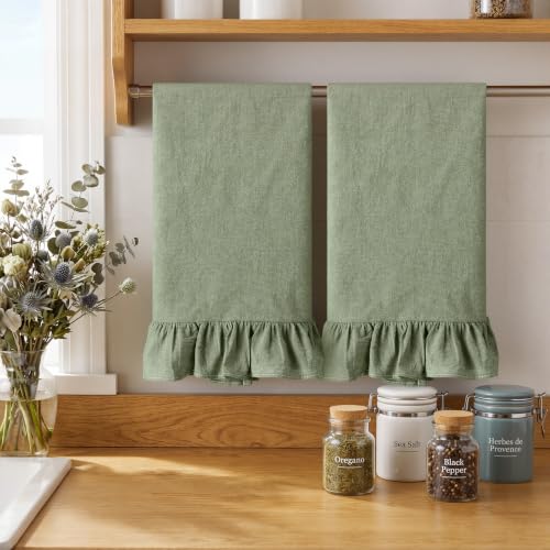 HunnmingRe Sage Green Kitchen Towels Set of 2, 100% Cotton Retro Ruffled Dish Towels 18"x28" Absorbent Tea Cloths for Farmhouse Charm, Drying Dishes, Entertaining Guests - color: Sage Green, style: Retro