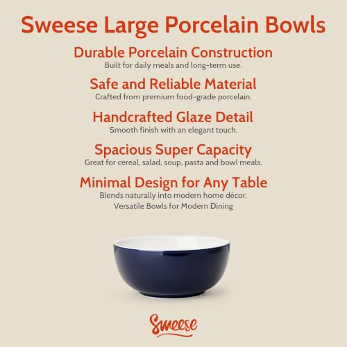 Sweese 24 oz Ceramic Cereal Bowl Set of 4, 6" Breakfast Bowl Stackable, Round Serving Bowl for Rice, Snack, Fruit and Everyday Meals, Navy Blue - color: Navy, size: 24 Ounce (Set of 4)