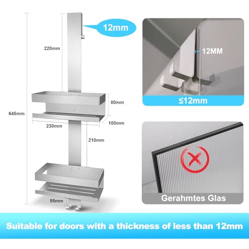 Shower Caddy Hanging, Over Frameless Glass Door Shower Shelf, Silver | SUS304 Stainless Steel, Bathroom Organizer/Rack No Drilling