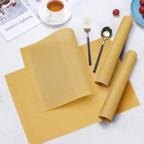Placemats Set of 6, Heat Resistant Place Mats, Washable PVC Table Mats, Woven Vinyl Placemats, Non-Slip Stain Resistan Plastic Placemats for Table (Gold, 6) - color: Gold