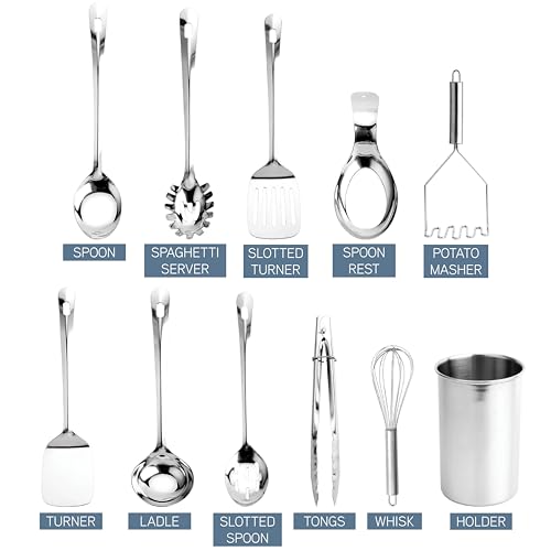 COOK WITH COLOR Kitchen Utensil Set - premium Nonstick & Heat Resistant Kitchen Gadgets, Turner, Spaghetti Server, Serving Spoons, Whisk, Tongs, Masher & Utensil Holder, 10-piece Stainless Steel - color: Stainless Steel