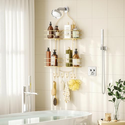 SRIWATANA Shower Caddy Hanging, Shower Organizer with Razor Hooks, Gold | Rustproof Shower Rack, No Drilling Shelves Over Shower Head, Anti-Swing Scution Install, Bathroom Holder for Sponge Loofah - color: Gold