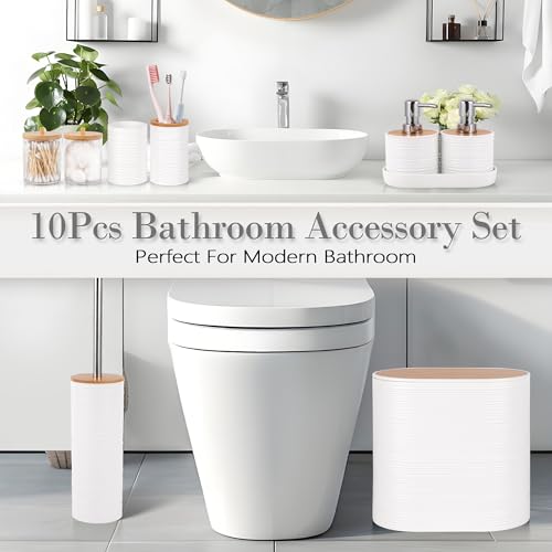 10 PCS White Bathroom Accessories Set with Trash Can Bathroom Accessory | All-in-One Kit with Trash Can,Toothbrush Holder,Soap Dispenser,Toothbrush Cup,Vanity Tray,Soap Dish,Toilet Brush etc for Home - color: White