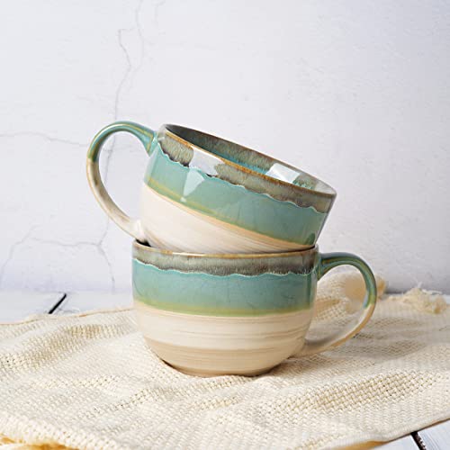 Ceramic Jumbo Coffee Mug Set of 2, 23 Oz, Large Mug Soup Bowls with Handles, Dishwasher and Microwave Safe (Green) - color: Green