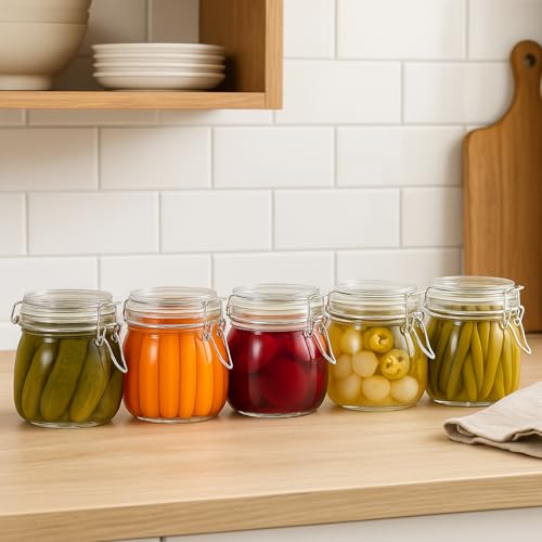 17oz Airtight Glass Jars, 6 Pack Clamp Lid Canisters, Small Food Storage Containers for Spices, Nuts, Snacks, Canning Jar for Jams & Pickling, Pantry Organization - size: 17 fl oz x 6 - Round