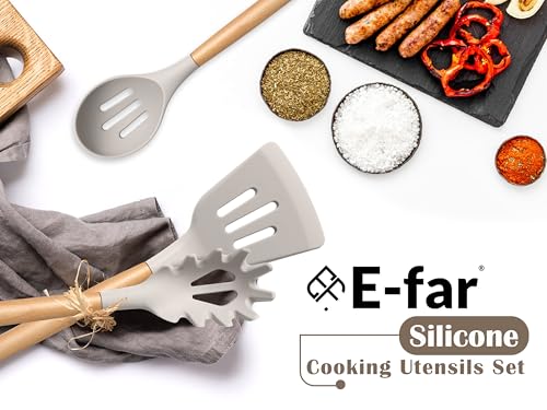 E-far Silicone Kitchen Utensils Set with Holder, 25-Piece Cooking Utensil Set with Wooden Handle for Nonstick Cookware, 446°F Heat Resistant Kitchen Tool Spatula Tong Whisk, Non-toxic & Healthy, Khaki - color: Khaki, size: 25