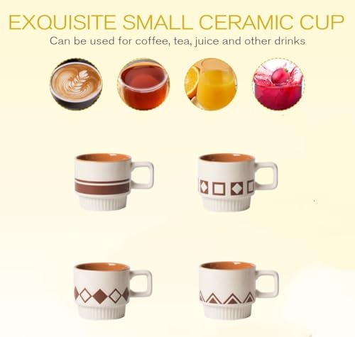 Coffee Mugs Set, Ceramic Espresso Cups, 11 oz, Set of 4, Beige&Brown | for Au Lait, Cappuccino,Latte,Cafe,Mocha,Tea, Geometric Pattern Cups Suit For Housewarming Wedding- - color: Beige