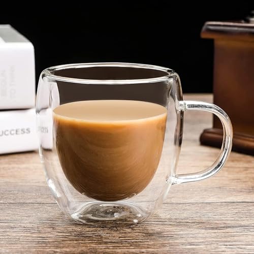 8 oz/250ml Double Walled Glass Coffee Mugs, Clear Coffee Cups and Mugs Set of 4, Cappuccino Latte Macchiato Glasses Cups with Handle, Espresso Mug Cups for Latte, Hot/Cold Drink - size: 8 oz/250ml