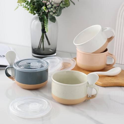 GBhome Ceramic Soup Mugs with Handles and Lids,24 OZ Soup Cups Set of 4 | Terracotta Underside,Mug Bowls with Spoon for Soup/Cereal/Salad/Noodles/Ramen/Microware &Dishwasher Safe-Grey&Beige - color: Grey&Beige
